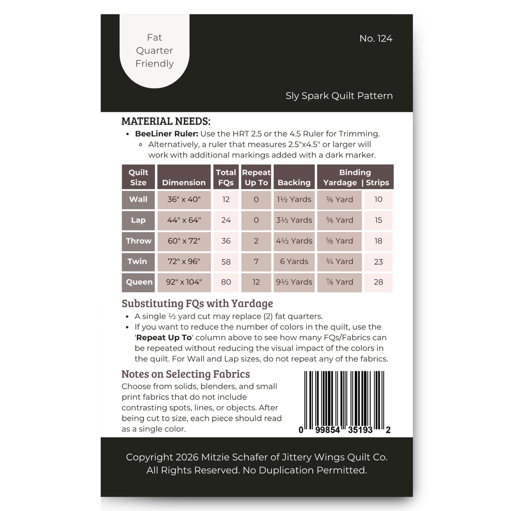 Quilt pattern PDF back cover with fabric and sizing chart details